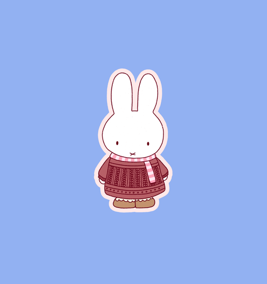 Holographic winter bunny sticker, white bunny with red sweater and scarf