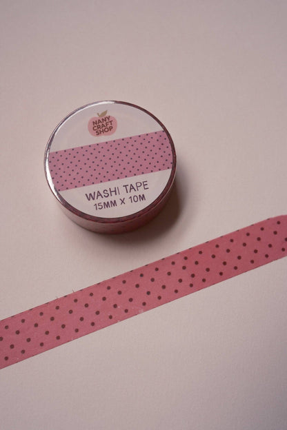 Pink polka dot washi tape roll with 15mm x 10m label, black dots