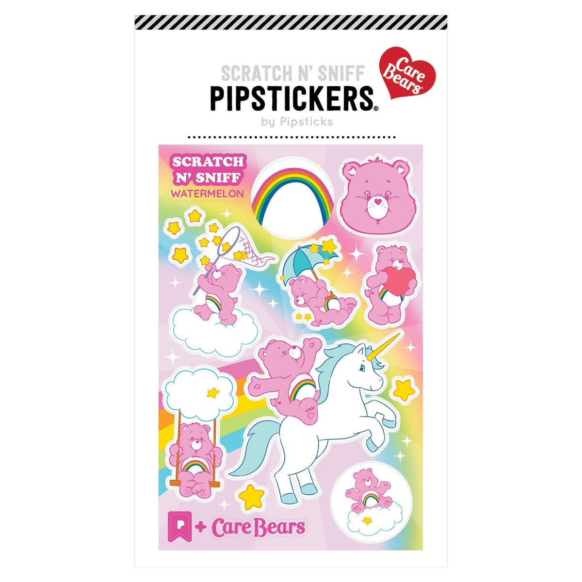 Scratch 'n Sniff sticker sheet featuring Care Bears Cheer Bear and watermelon scent