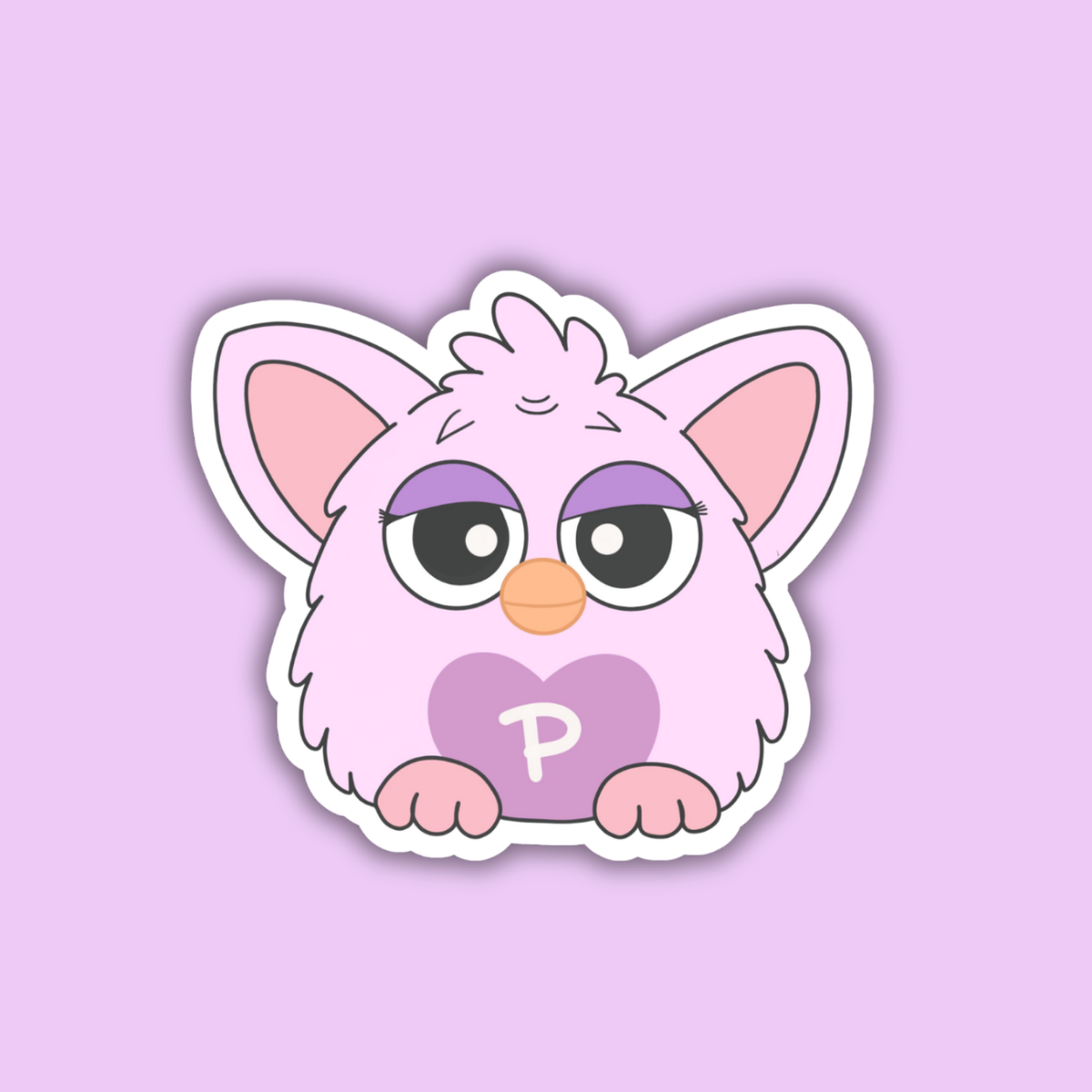 Popby cat face sticker with purple heart and letter P, white border