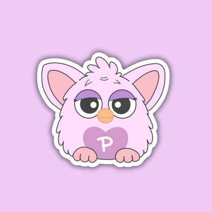 Popby cat face sticker with purple heart and letter P, white border