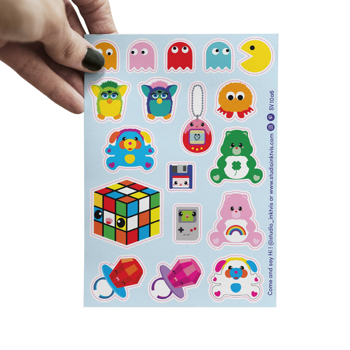 Sticker sheet featuring retro creatures, Rubik-style cube, pink bunny, rainbow icons