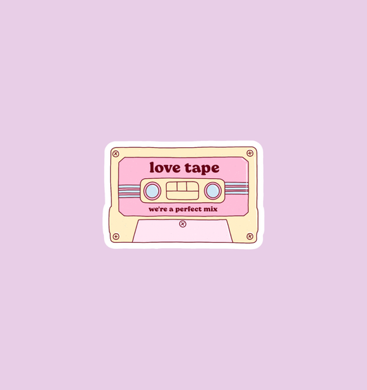 Love tape holographic sticker, rectangular label with pink stripes and heart motifs