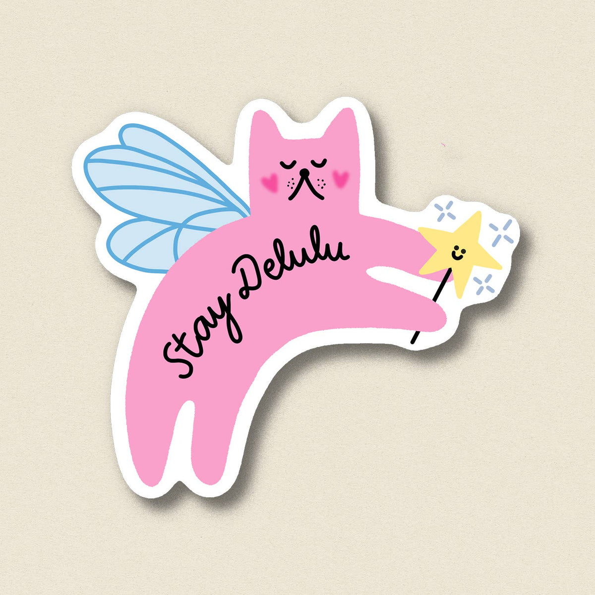 Stay Delulu cat sticker, pink with blue butterfly and sparkles; says 'Stay Delulu'.