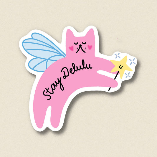 Stay Delulu cat sticker, pink with blue butterfly and sparkles; says 'Stay Delulu'.