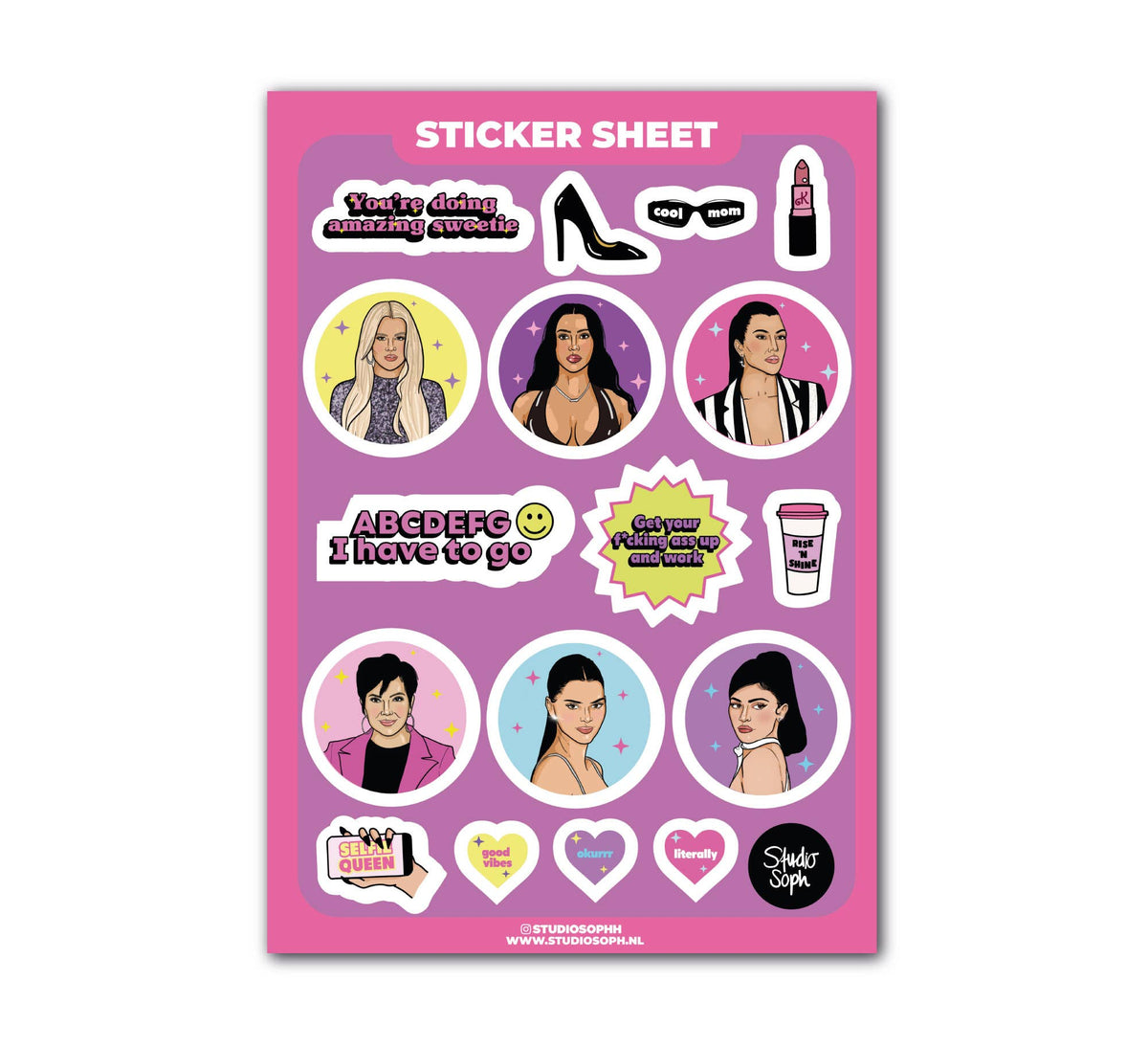 Sticker sheet with portrait circles, speech-badge stickers, hearts, and cup icon