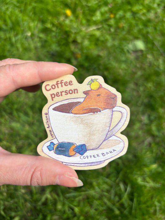 Wooden coffee person magnet showing cup graphic with Coffee person text
