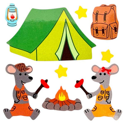 Camping stickers close-up: green tent, two mice, campfire, lantern, stars, and backpacks