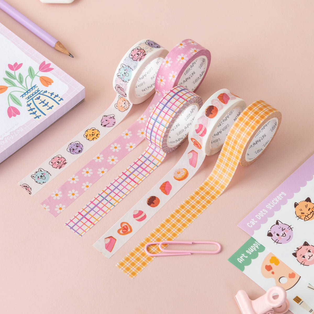 Washi tape set with dog-themed prints, including plaid and check strips