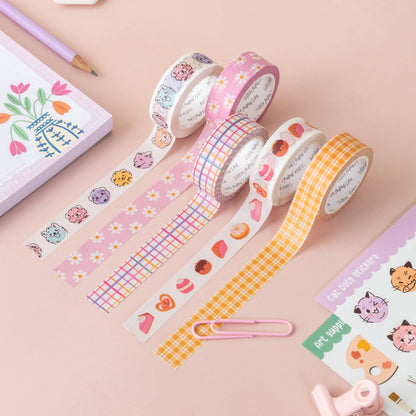 Washi tape set with dog-themed prints, including plaid and check strips