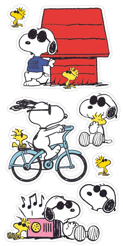 Snoopy and Woodstock sticker sheet with Snoopy by red doghouse, Woodstock, bicycle and notes