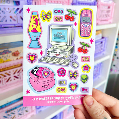 Vinyl sticker sheet with Y2K icons: lava lamp, computer, phone, hearts, cherries
