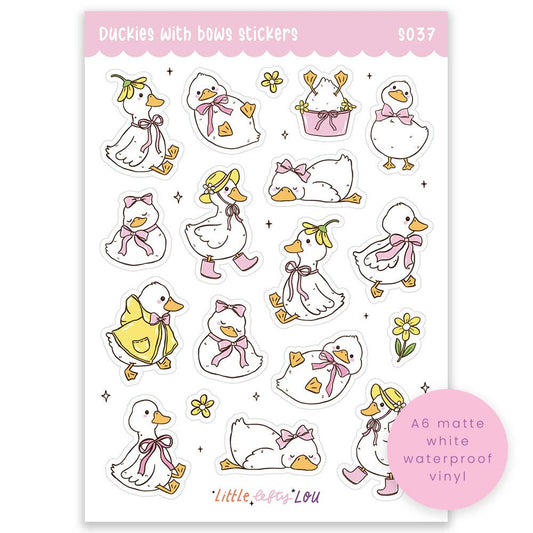Waterproof duck sticker sheet with bows, matte white vinyl, A6 size