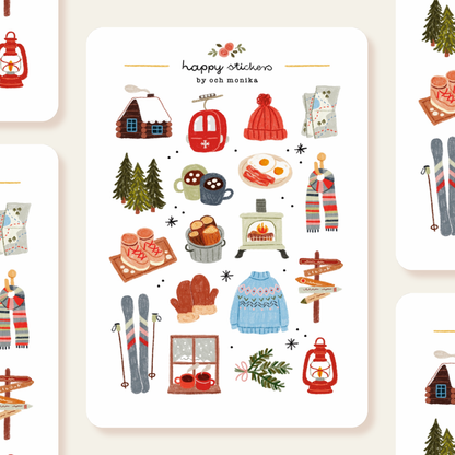 Winter sticker sheet with cute cabins, lantern, skis, sweater, and food icons
