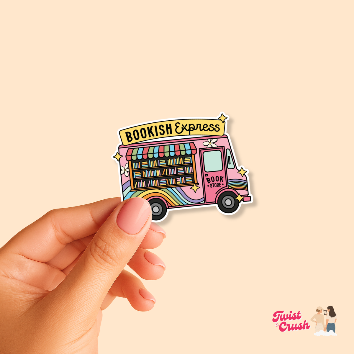 Book lover sticker showing a pink bookstore delivery truck with “BOOKISH Express”