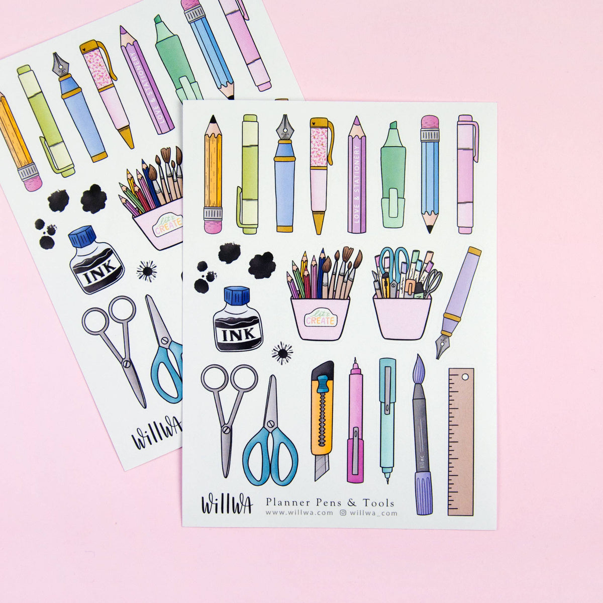 Planner pens and tools sticker sheet showing two sets of stationery stickers