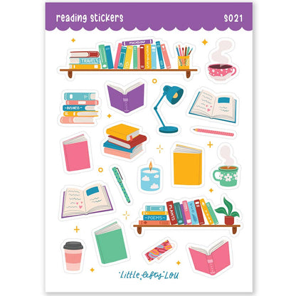 A6 reading sticker sheet featuring books, pencils, lamp, bookmarks, and journals