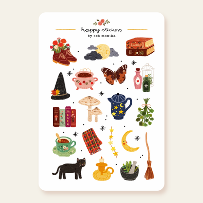 Mystical sticker sheet with witchy icons: shoes, cat, moon, potion, butterflies