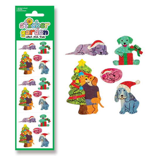 Christmas dog sticker sheet with multiple colorful dog designs in festive poses