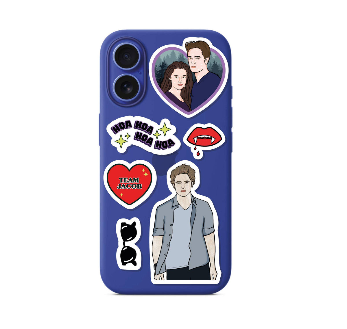 Vampire-themed stickers on a dark blue smartphone case with heart, bat, and portrait icons