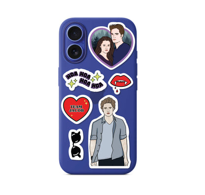 Vampire-themed stickers on a dark blue smartphone case with heart, bat, and portrait icons