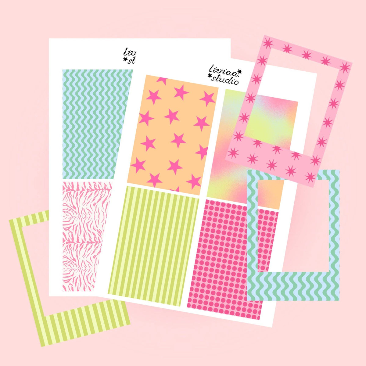 Polaroid frame sheets with patterned photo frames in teal, pink, green, and stripes