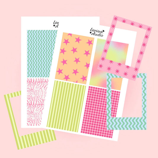 Polaroid frame sheets with patterned photo frames in teal, pink, green, and stripes