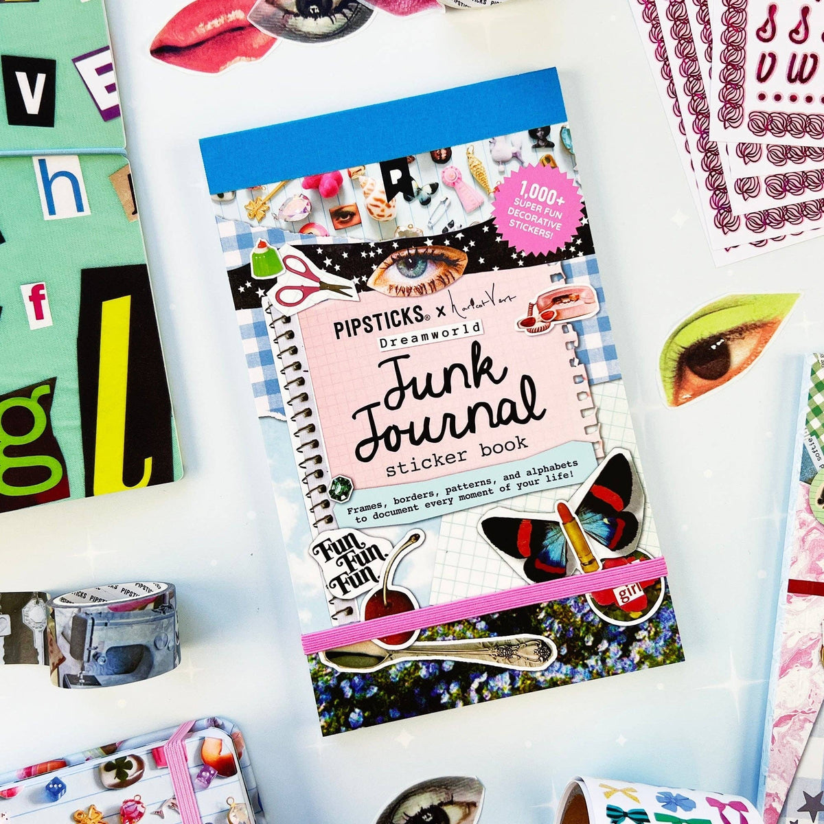 Junk journal sticker book front cover with “PIPSTICKS” and butterfly-wing graphics