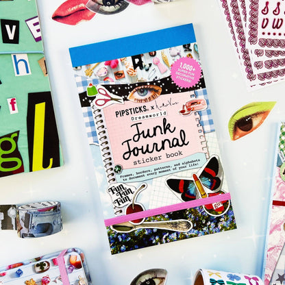 Junk journal sticker book front cover with “PIPSTICKS” and butterfly-wing graphics