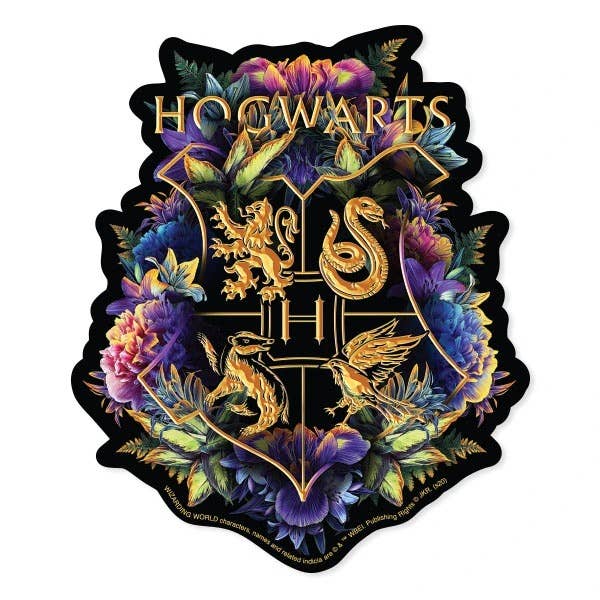 Watercolor vinyl sticker of Hogwarts crest with golden house symbols and purple flowers, die-cut
