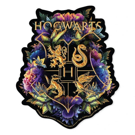 Watercolor vinyl sticker of Hogwarts crest with golden house symbols and purple flowers, die-cut