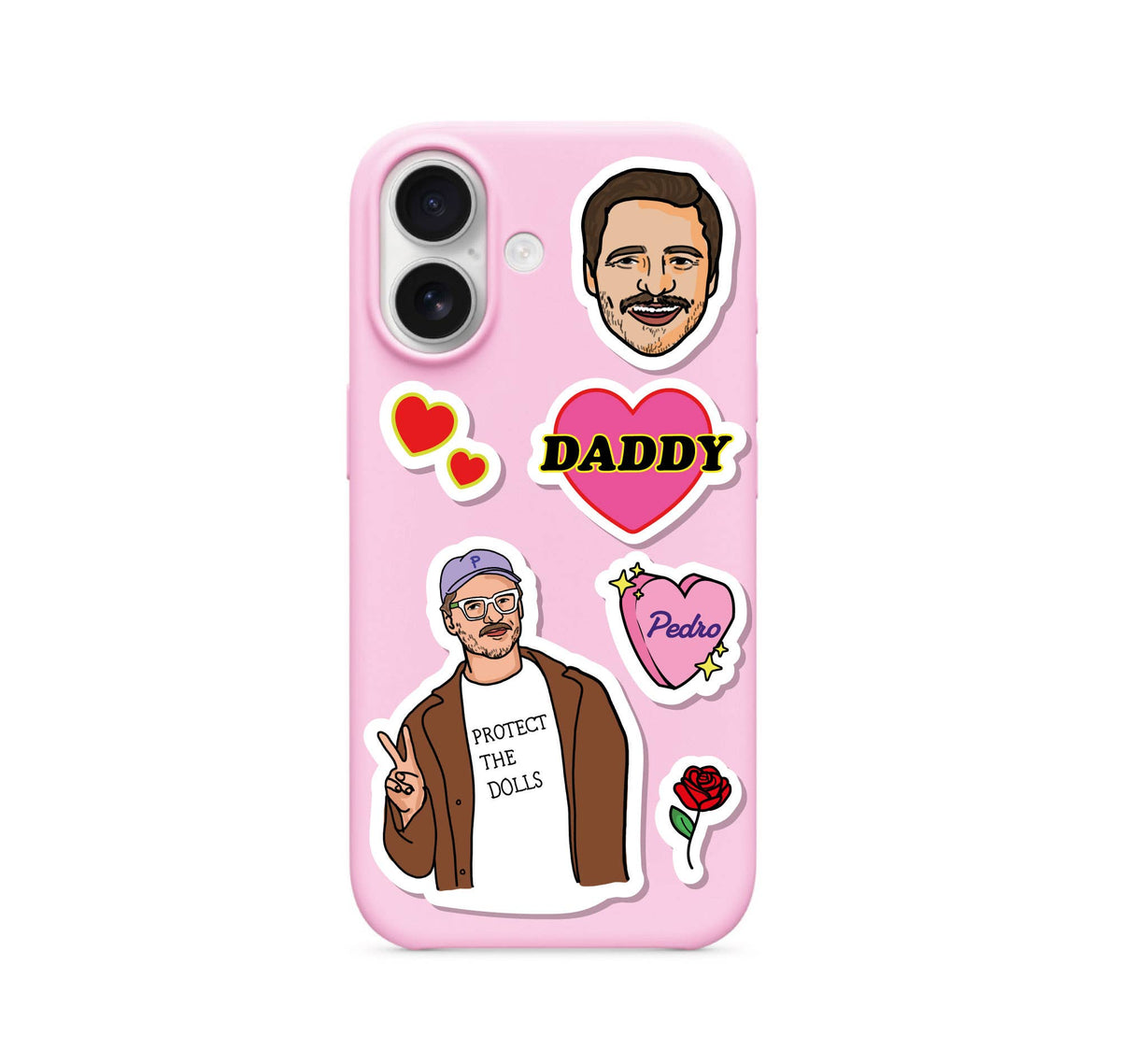 A5 sticker sheet with heart and face character stickers on a pink phone case