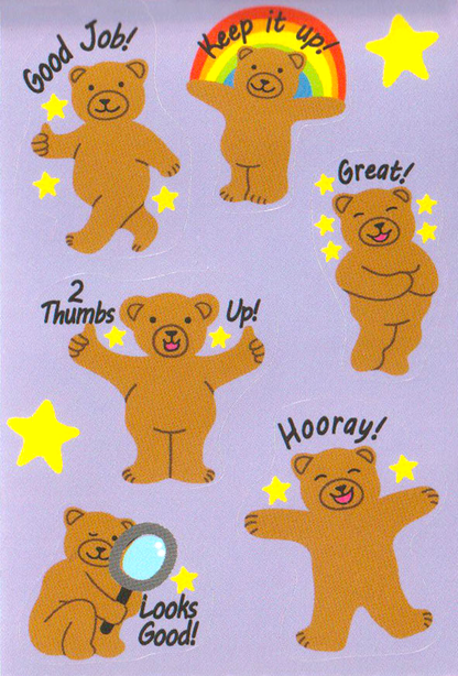 Achievement bears sticker roll close-up, orange bear icons, stars, rainbow badge