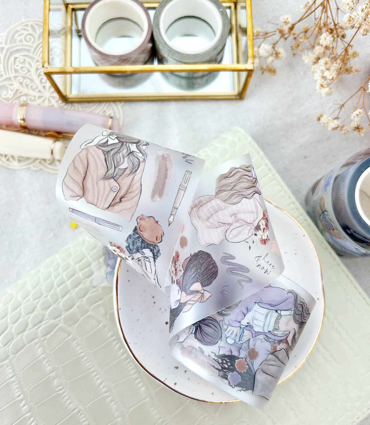 Curled warm-toned girl PET tape strips with fashion and accessory illustrations