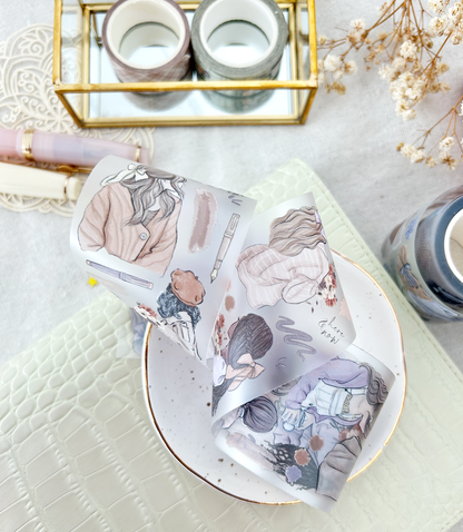 Curled warm-toned girl PET tape strips with fashion and accessory illustrations
