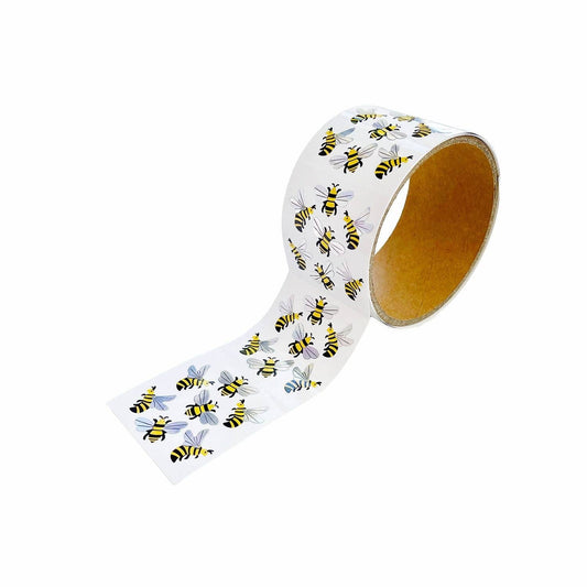 Bee-themed sticker roll, white tape with yellow and black bees