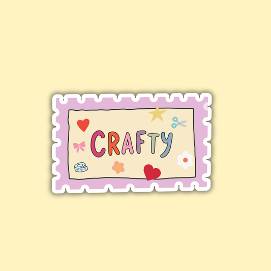 Rectangular craft-themed sticker with purple border and hearts, stars, flowers
