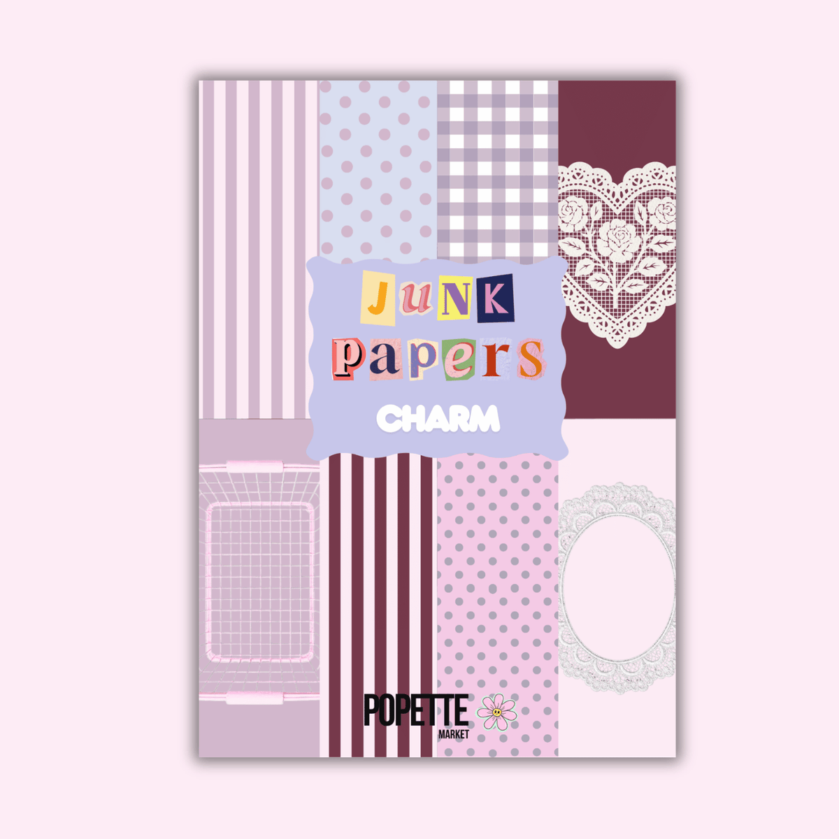 Junk papers charm set with purple striped and polka-dot paper pieces, includes lace heart detail