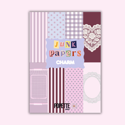 Junk papers charm set with purple striped and polka-dot paper pieces, includes lace heart detail