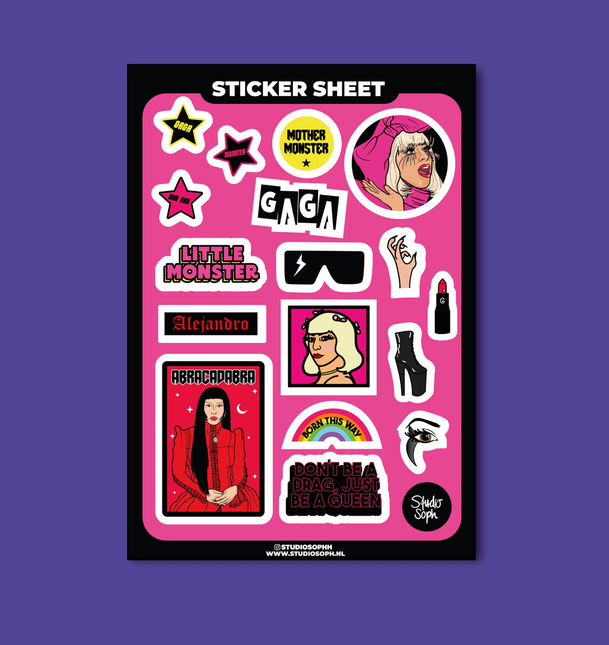 A5 sticker sheet front view with star, character, and text-style stickers on pink