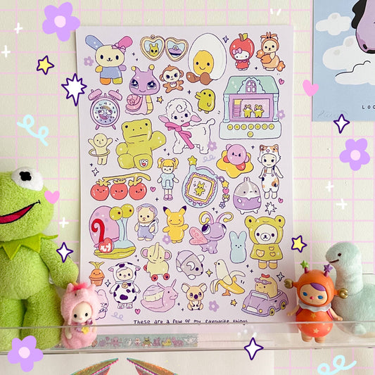 Colorful cartoon print poster with assorted cute animals and snacks, in a white frame