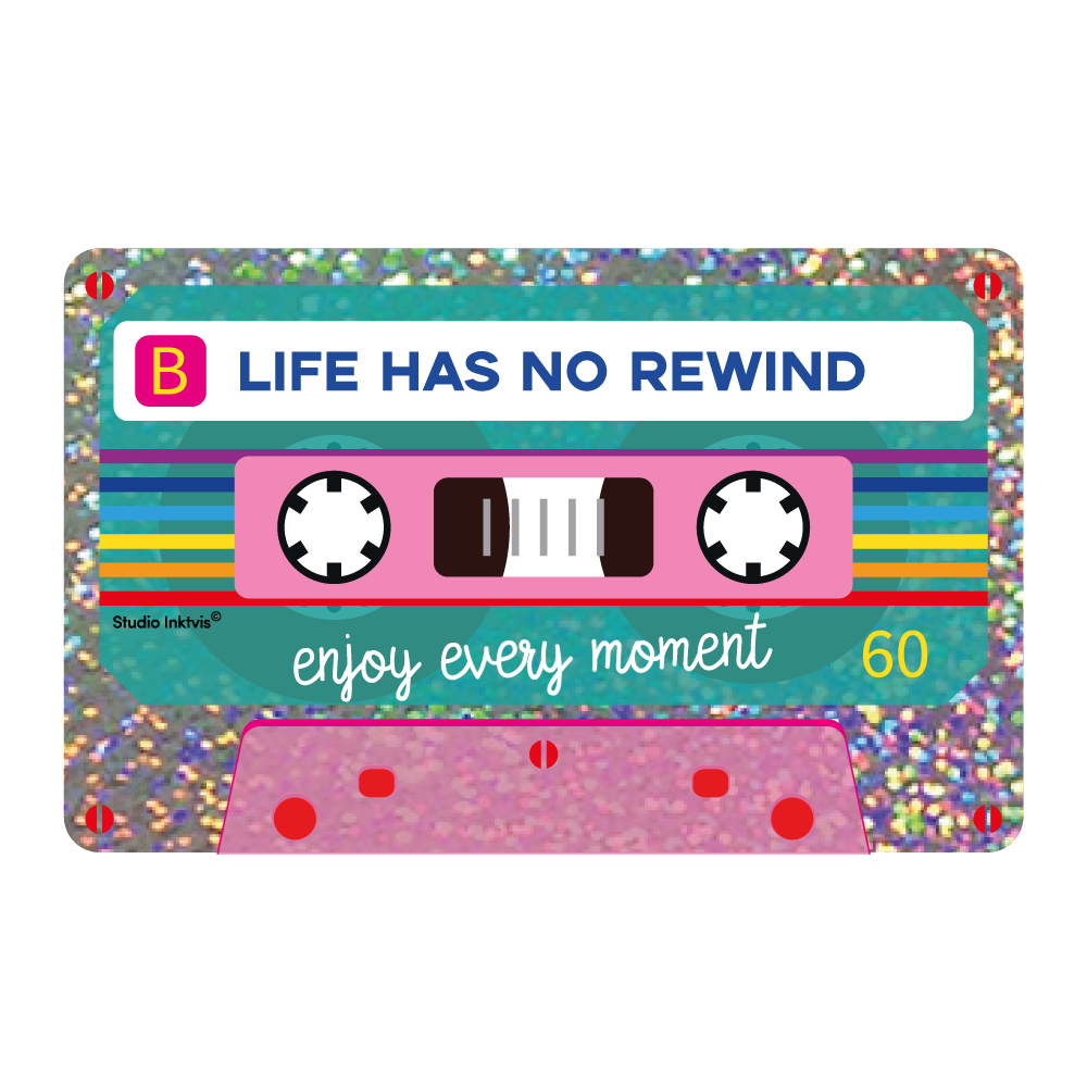 Glitter cassette tape sticker with colorful stripes and text 'Life has no rewind'.