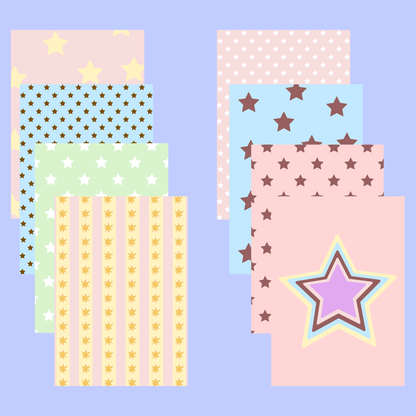 Set of star-pattern paper sheets in pink, yellow, blue, and green with scattered stars