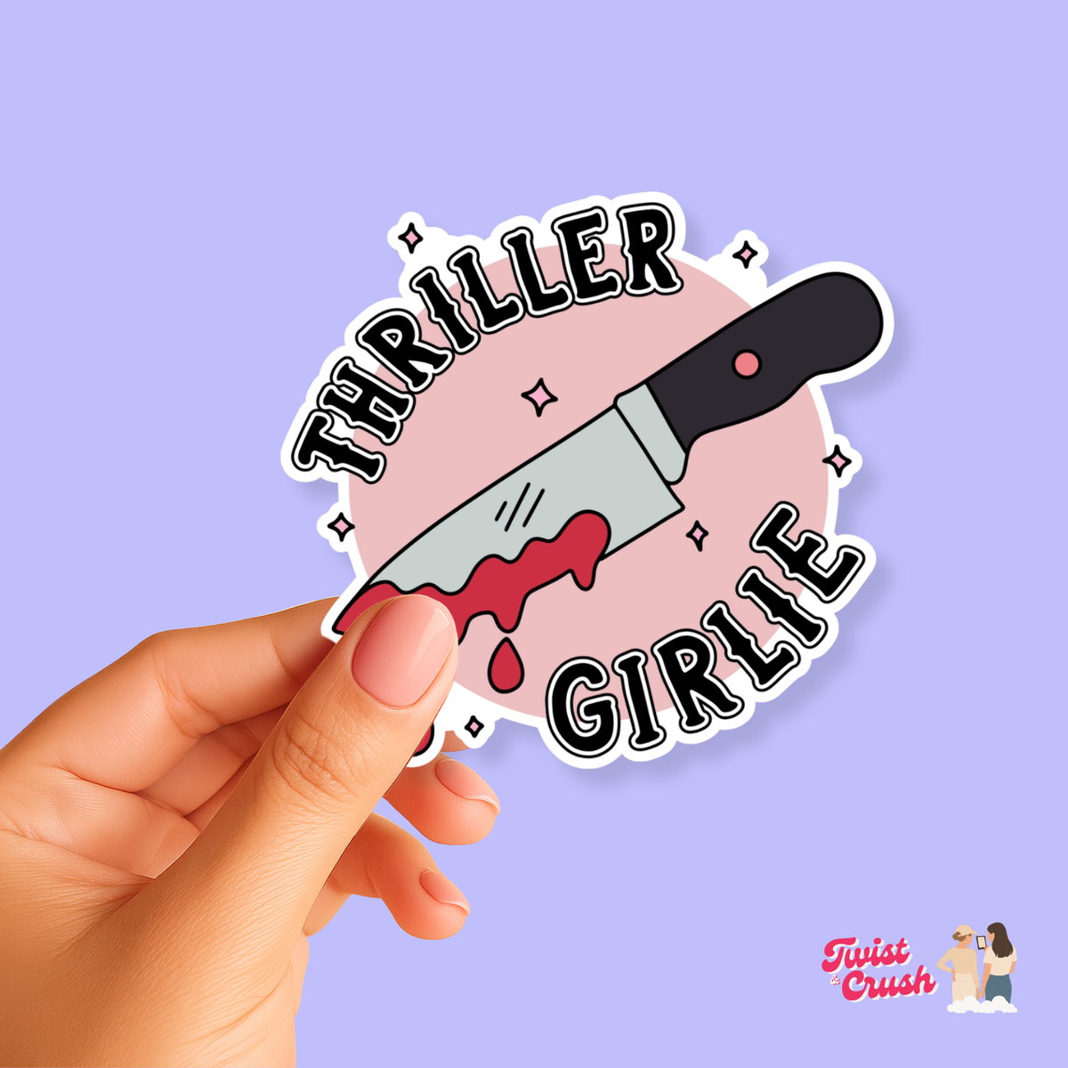 Thriller-themed sticker with pink “GIRLY” text and illustrated black gun