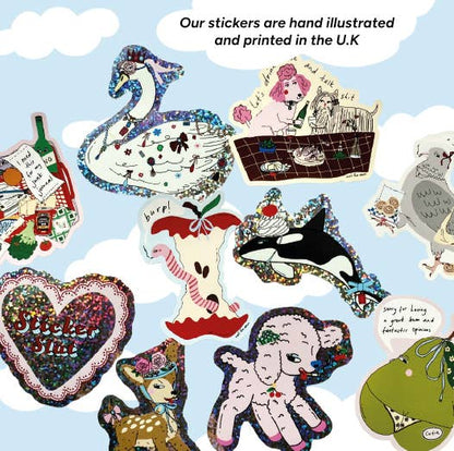 Illustrated die-cut vinyl sticker set with multiple animal wine designs, glossy finish