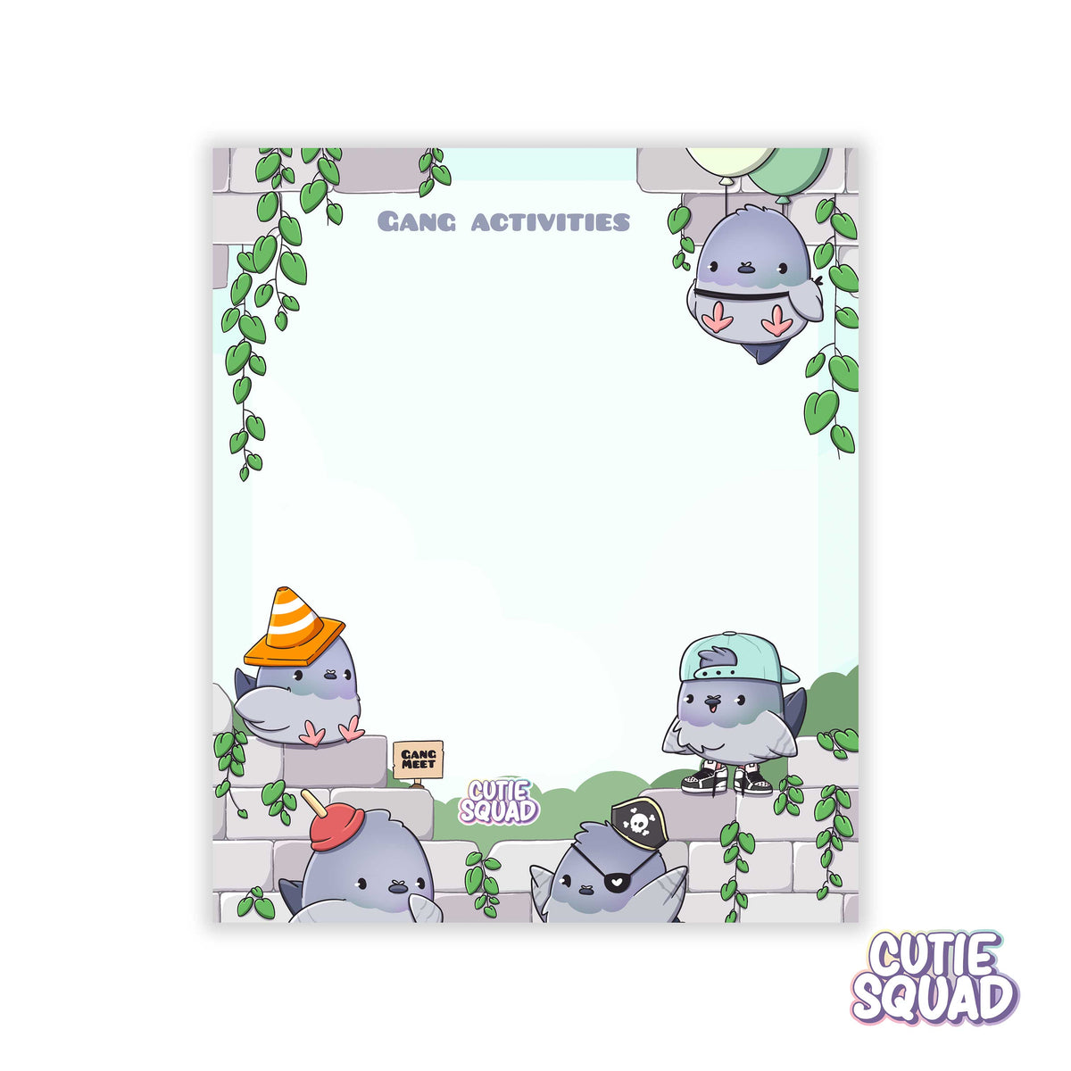 Pigeon-themed sticky notes pad with cartoon birds and leafy border
