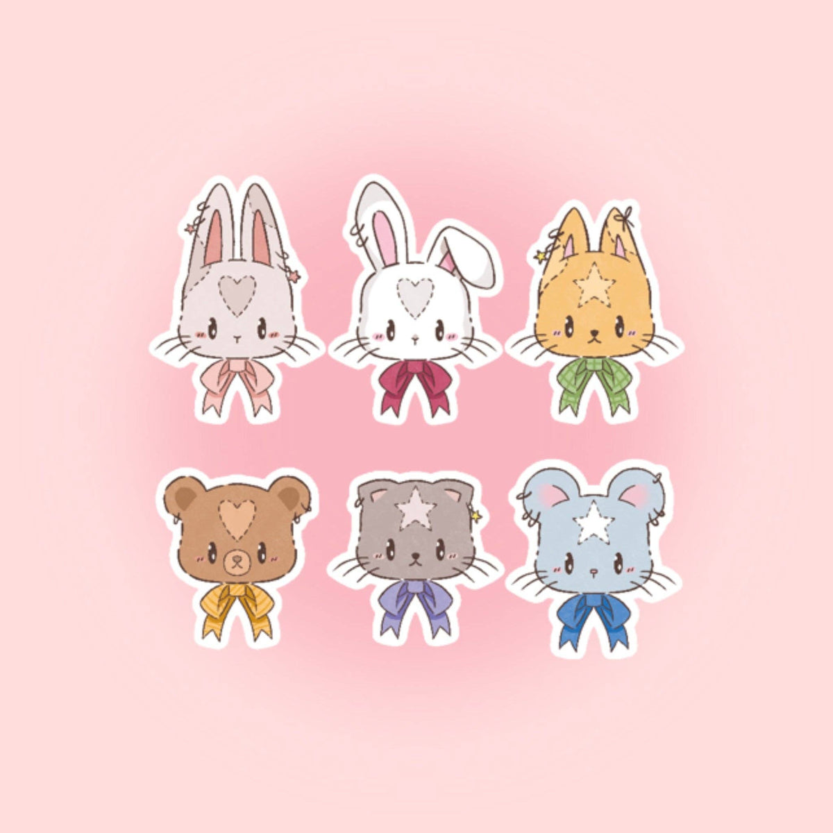 Sticker sheet with six bunny and animal designs: white rabbit, bear, cat, mouse
