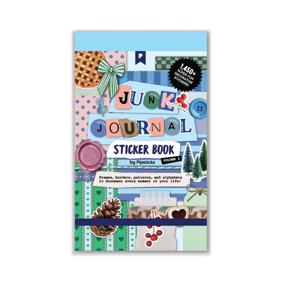 Winter whimsical junk journal sticker book cover with “JUNK JOURNAL” title and pine icons