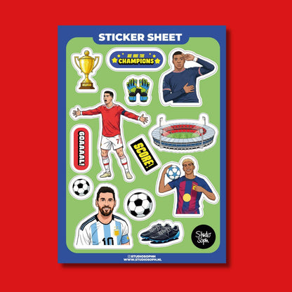 A5 soccer sticker sheet with player cutouts, trophy, soccer balls, and boot stickers