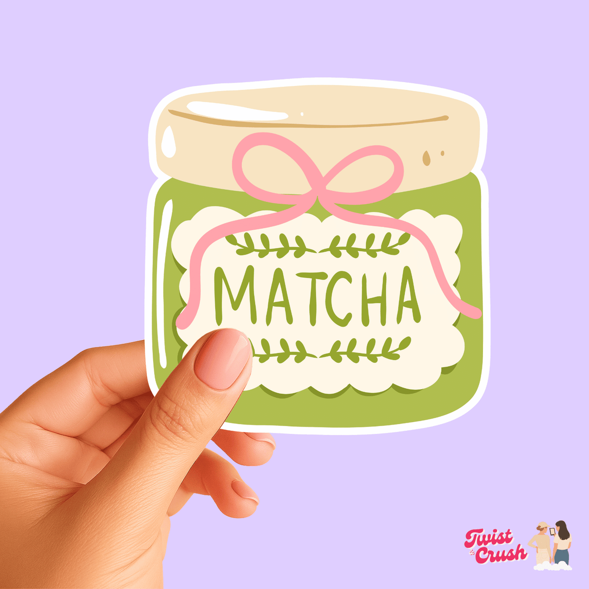 Matcha jar sticker with green jar, pink bow, and 'MATCHA' label